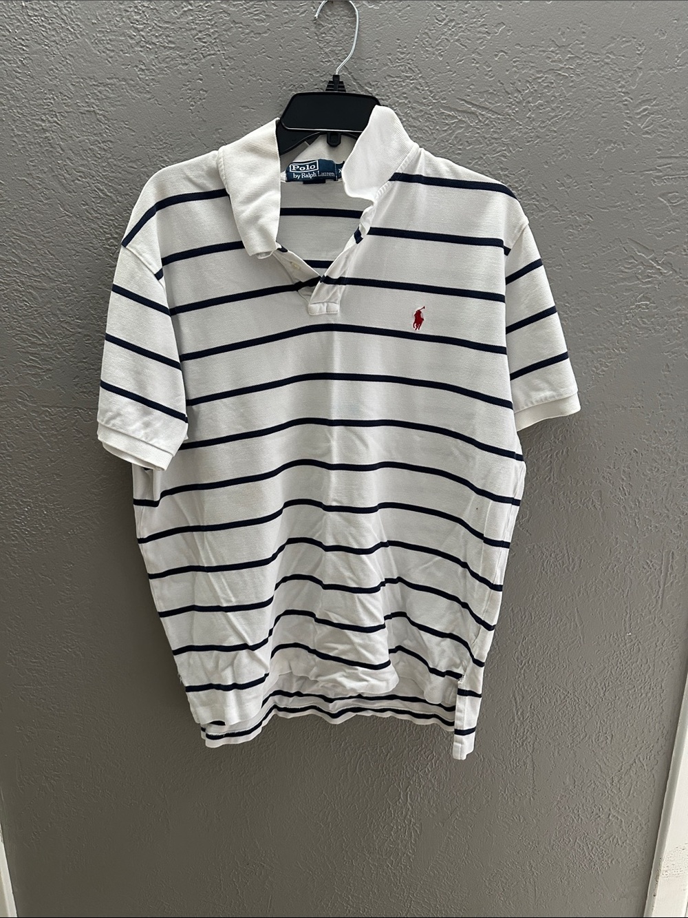 Polo by Ralph Lauren White Polo Shirt with Navy Stripes and Red Logo